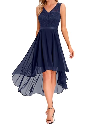 bridesmay Floral Spitze Cocktail Party Kleid für Frauen Elegante Hi-Lo Hochzeit Gast Kleid Ärmellos Sommer Semi Formal Kleid Marineblau M von bridesmay