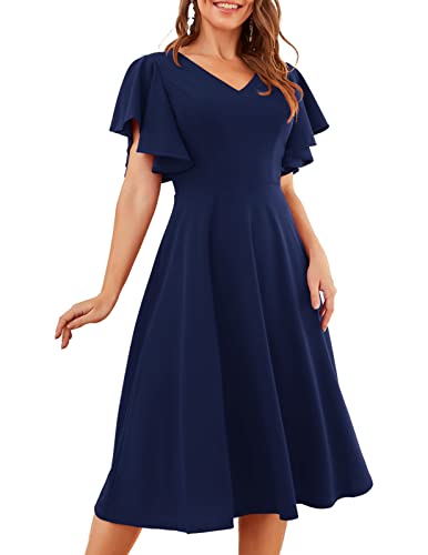 bridesmay Midi Cocktailkleider für Damen Navy Blaues 50s Retro Petticoat Faltenrock Festlich Elegant Abendkleider Mit ärmel Ballkleid Konfirmationskleider Navy M von bridesmay