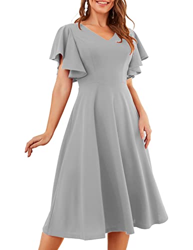 bridesmay Midi Cocktailkleider für Damen Sexy V-Ausschnitt 50s Retro Petticoat Faltenrock Festlich Elegant Abendkleider Mit ärmel Ballkleid 2022 Sommer Kleider Grey 3XL von bridesmay