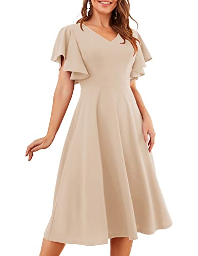 bridesmay Midi Cocktailkleider für Damen Sexy V-Ausschnitt 50s Retro Petticoat Faltenrock Festlich Elegant Abendkleider Mit ärmel Ballkleid Schönes Schwingen Tanzkleid Champagne 3XL von bridesmay