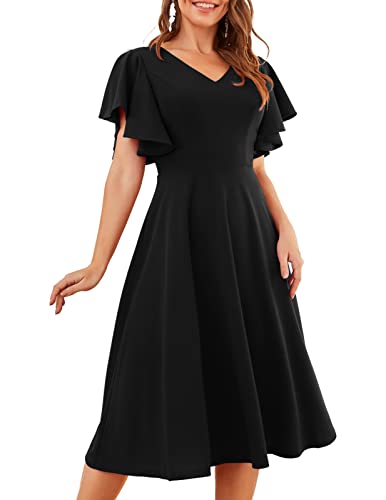 bridesmay Schwarz Damen Kleider Vintage Kleider 50er Jahre Rockabilly V-Ausschnitt Schickes Cocktailkleid Abendkleider Elegant für Hochzeit Black M von bridesmay