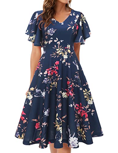 bridesmay Sommer Kleider für Damen Sexy V-Ausschnitt Freizeitkleider 60er Retro Faltenrock Petticoat Kleid Clubwear Partykleider A Line Cocktailkleid Elegant für Hochzeit Navy Flower S von bridesmay