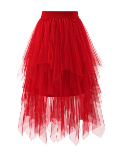 bridesmay Tüllrock Damen Elastischer Waistednd Asymmetrisch Sommerrock Midirock Halloween Karneval Party A-Linie Röcke Red M von bridesmay