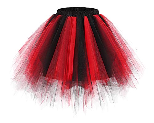 bridesmay Damen Tüll Rock Petticoat Unterrock Kurz Ballett Tutu 50er Rockabilly Tütü Mini Rock Karneval Kostüm Crinoline Black-Red XL von bridesmay