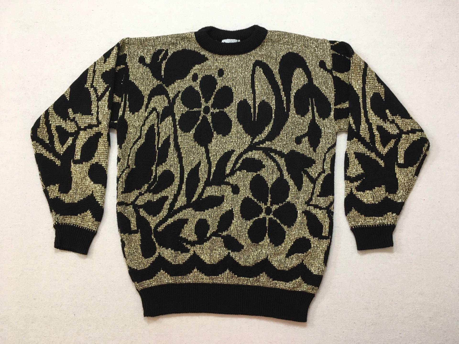 1980Er, Tunika Pullover, in Schwarz Und Metallic Gold, Florales Design von brinkdwellers