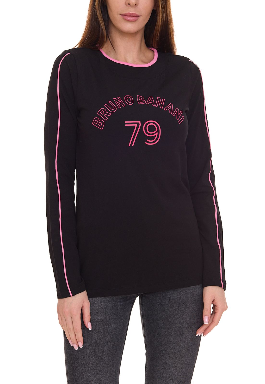 bruno banani Damen Sweat-Shirt stylisches Langarm-Shirt mit "79" Schriftzug 13194658 Schwarz/Rosa von bruno banani