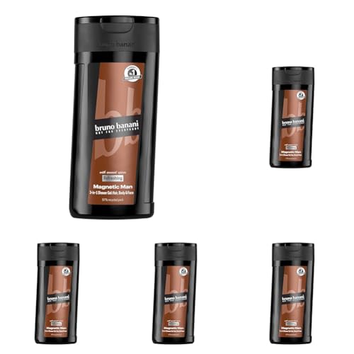 bruno banani Magnetic Man Shower Gel, 3-in-1-Duschgel mit fesselnd-holziger Ambernote, 250ml (Packung mit 5) von bruno banani