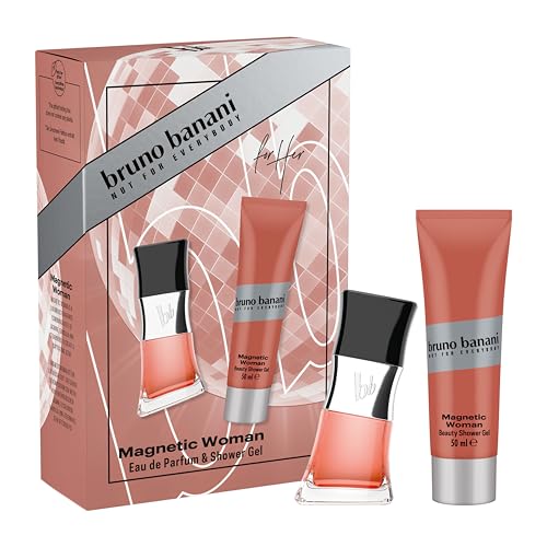 bruno banani Magnetic Woman Geschenkset mit Eau de Parfum und Duschgel, fesselnder Amber-Gourmand-Duft für Frauen, 30 ml und 50 ml von bruno banani