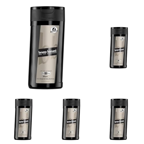 bruno banani Man 3-in-1 Shower Gel für Männer mit klassisch-maskulinem Amber-Fougère-Duft, 250 ml (Packung mit 5) von bruno banani