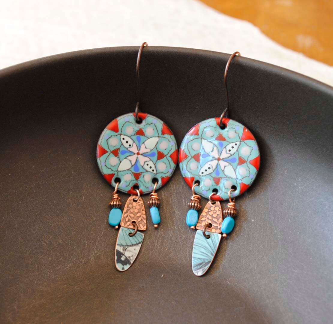 Blaue Emaille Mandala Ohrringe, Boho Kronleuchter Baumelnde Kupfer Floral Handwerker Ooak von bstrung