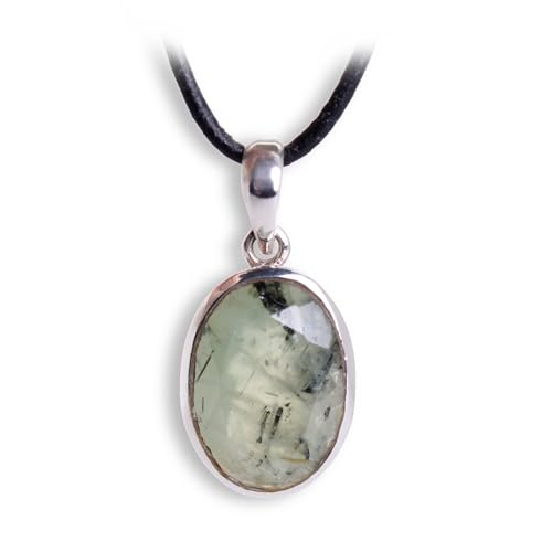 Budawi® Facettierter Prehnit mit Epidot Einzelstück 925er Silber Anhänger mit schwarzem Lederband 1 m kürzbar in Geschenkbox Edelstein Schmuck grün Unikat von budawi-Anhänger
