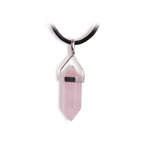 budawi® Rosenquarz Doppelender Anhänger 3,2 cm – 925 Silberfassung mit Öse – inkl. 1 m schwarzes Lederband – Edelstein Schmuck mit Geschenkbox – Naturstein Kristall von Budawi
