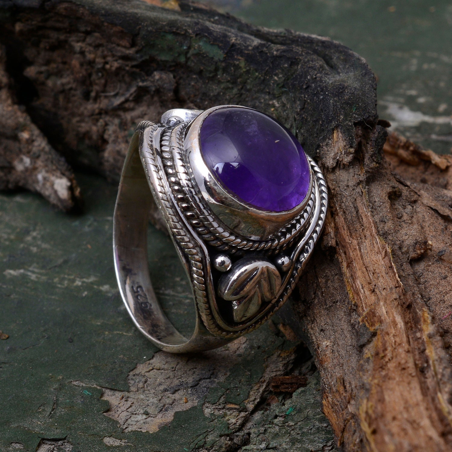 Natürlicher Amethyst-sterlingsilberring - Vintage Boho-statement Ring | Februar Geburtsstein Handgefertigter Oxidierter Heilender Kristallschmuck von buddhasilverdesign