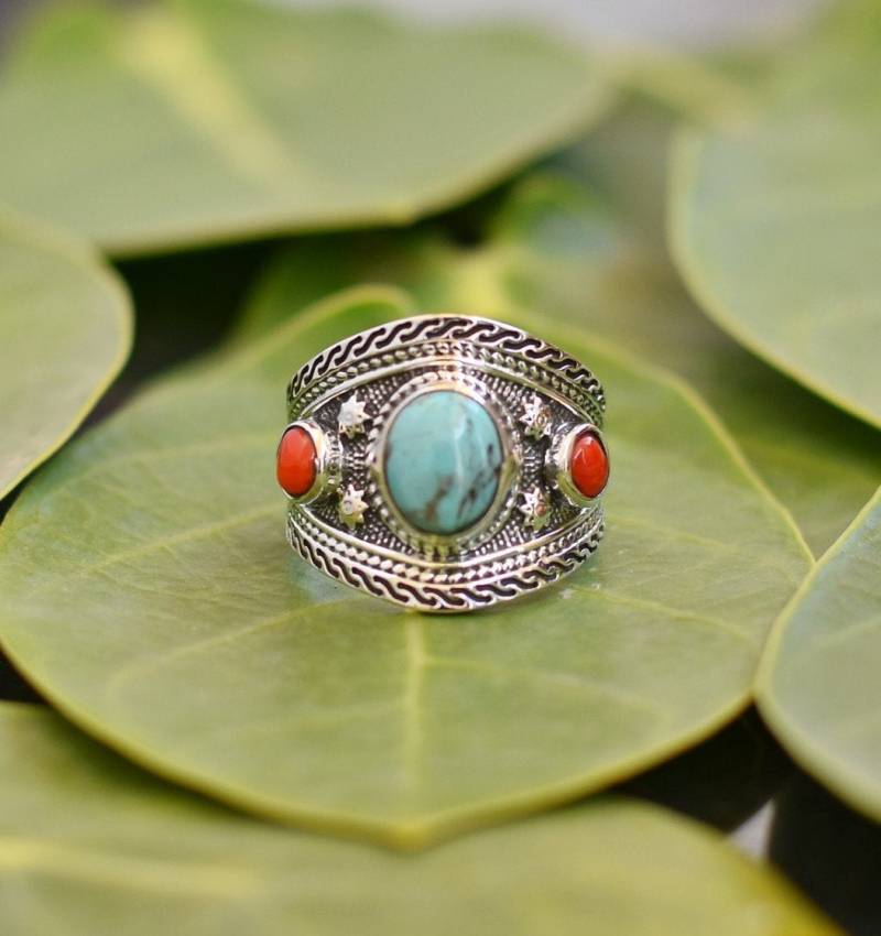 Sterling Silber Türkis Statement Ring Handgemachter Boho Schmuck von buddhasilverdesign