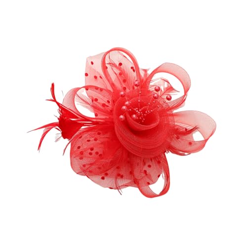 budiniao Blumen Feder Stirnband Fascinator mit wunderschönen Details und einzigartigem Clip aus Blumen Mesh Federn für Damen, Rot von budiniao