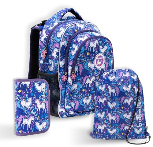 budmil Schulranzen Mädchen ab 1. Klasse 26L mit Federmäppchen & Turnbeutel - Schulrucksack WASSERABWEISEND mit Regenschutzhülle - Schultasche für Grundschule - REFLEKTIEREND - Mit 3 Fächer (Einhorn) von budmil