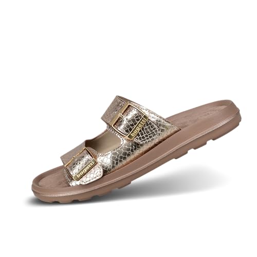 bugatti Damen-Pantolette aus metallischem Rosen-Krokodilmuster mit doppelten Riemen, Metallschnallen, leichtem EVA-Komfort. rose/metallics 38 EU bugatti Damen-Pantolette aus metallischem Rosen-Krokodilmuster mit doppelten Riemen, Metallschnallen, leichtem EVA-Komfort. rose/metallics 38 EU von bugatti