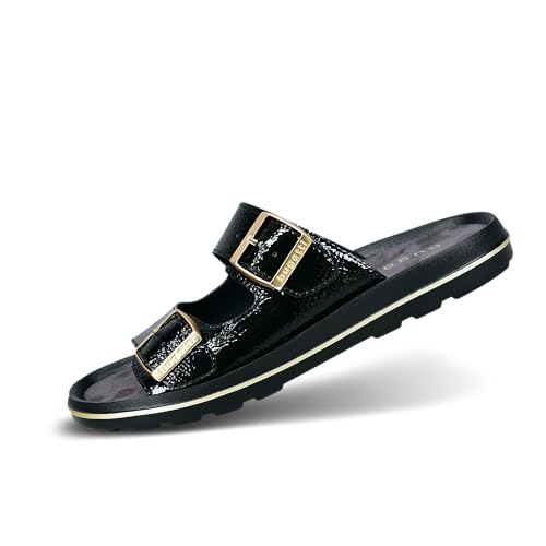 bugatti Damen-Pantolette aus schwarzem Lackleder mit doppelten Riemen, metallischen Schnallendetails, leichten Eva-Sohlen und elegantem Sommerstil, schwarz, 37 EU von bugatti