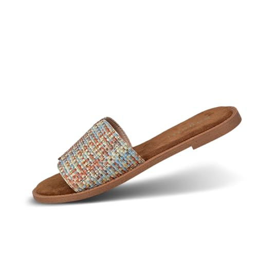 bugatti Damen-Pantolette mit geflochtenem Cut-Out-Design, erdigen und babyblauen Farbtönen, weichen Polster-Innensohlen und auffälligem Stil Light Blue/Multicolour 36 EU von bugatti