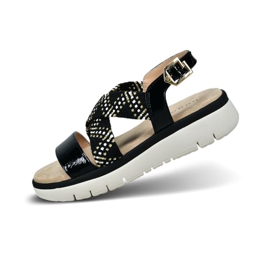 bugatti Damen Sandalen in Schwarz mit gestrickten Obermaterialien, lackierten Riemen, modernen Farbakzenten und weichen Textileinlegesohlen. black/offwhite 41 EU von bugatti