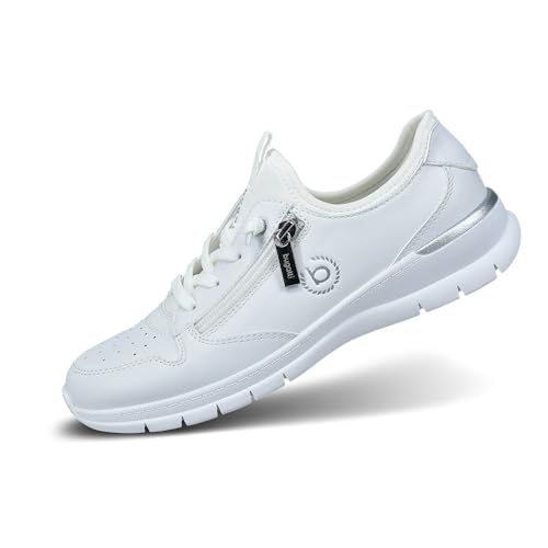 bugatti Damenweißer Slipper mit elastischen Schnürsenkeln, Reißverschluss-Detail, Luftlöchern für Belüftung, genähter Mittelsohle, silbernem Akzent an der Ferse weiß 36 EU von bugatti