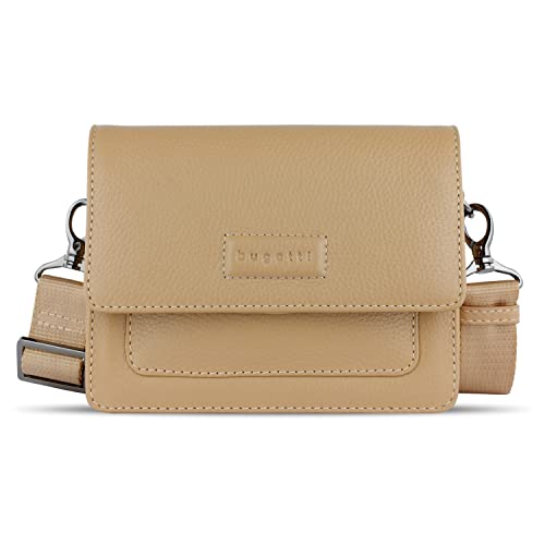 bugatti Elsa kleine Schultertasche mit Überschlag, Damenumhängetasche aus Leder in sand von bugatti