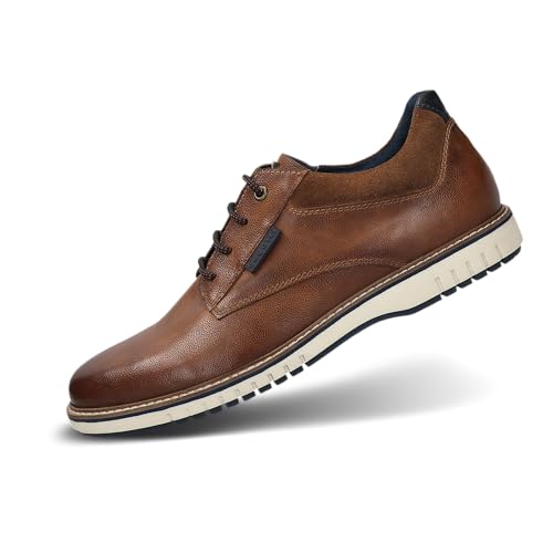 bugatti Herren Lederschuhe in Cognacbraun mit Schnürverschluss, Memory-Foam-Einlegesohlen, dunkelblauen Akzenten, bequemem und minimalistischem Design Cognac 45 EU von bugatti