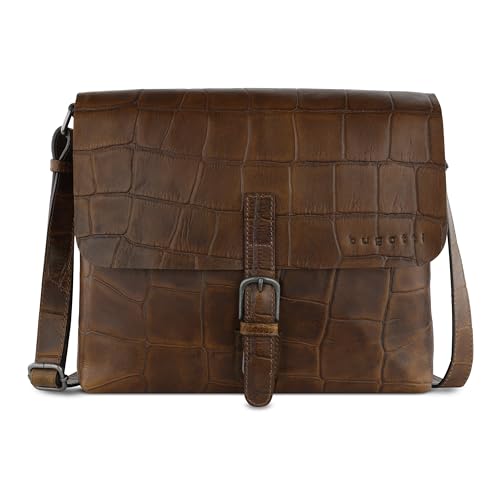 bugatti Nevio große Schultertasche Kroko-Optik aus echtem Leder, Messenger-Bag in cognac von bugatti