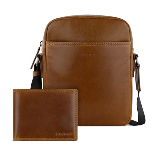 bugatti Savona Set Schultertasche & Geldbörse aus Büffelleder, Geldbeutel RFID-Schutz, Umhängetasche & Portemonnaie mit Stoffbeutel, cognac von bugatti