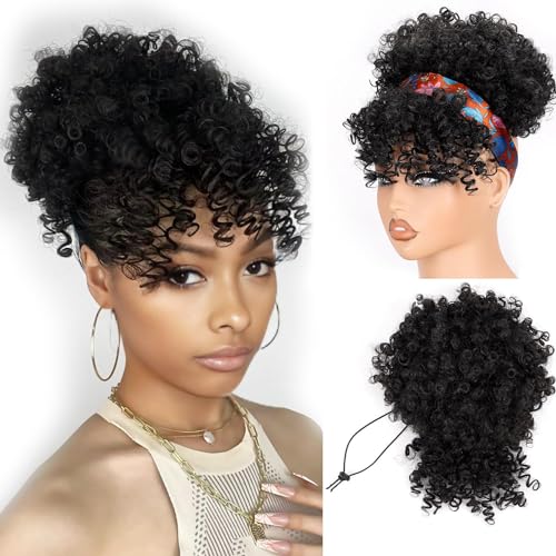 builson Pferdeschwanz mit Kordel für schwarze Frauen, Afro-Puff, lockiges Haar, Pferdeschwanz-Extensions, mit Pony, Schwarz von builson