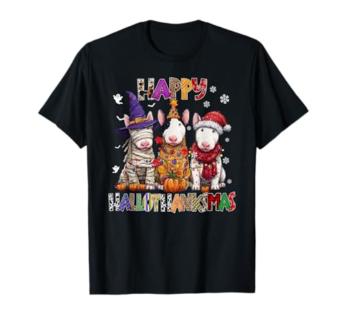 Bullterrier Hunde Weihnachten Happy Hallothankmas Männer Frauen T-Shirt von bull terrier Happy Hallothankmas Christmas Dog