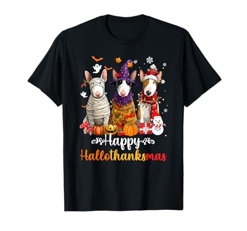 Herren Damen Bullterrier Hund Weihnachten Halloween Thanksgiving T-Shirt Herren Damen Bullterrier Hund Weihnachten Halloween Thanksgiving T-Shirt von bull terrier Happy Hallothankmas Holiday Dog