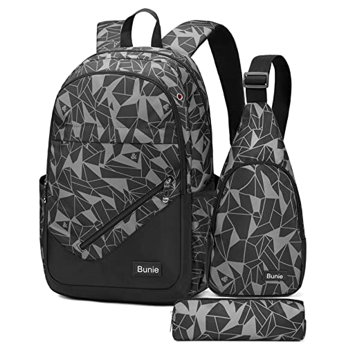 bunie Schulrucksack, Teenager Kinder Große Schule Rucksack Mädchen Schultasche Coole Schulranzen Jungen 2 3 4 5 6 7 Klasse Ranzen Oder 8 9 10 11 12 13 14 15 Jahre School Bag for Boy Set Schwarz von bunie