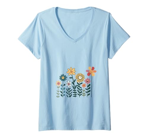 Damen Blumenwiese T-Shirt mit V-Ausschnitt Damen Blumenwiese T-Shirt mit V-Ausschnitt von bunte Blumen auf Blumenwiese