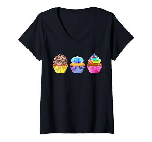 Damen Muffins Cupcakes Regenbogen Schokolade T-Shirt mit V-Ausschnitt von bunte Muffins Cupcakes