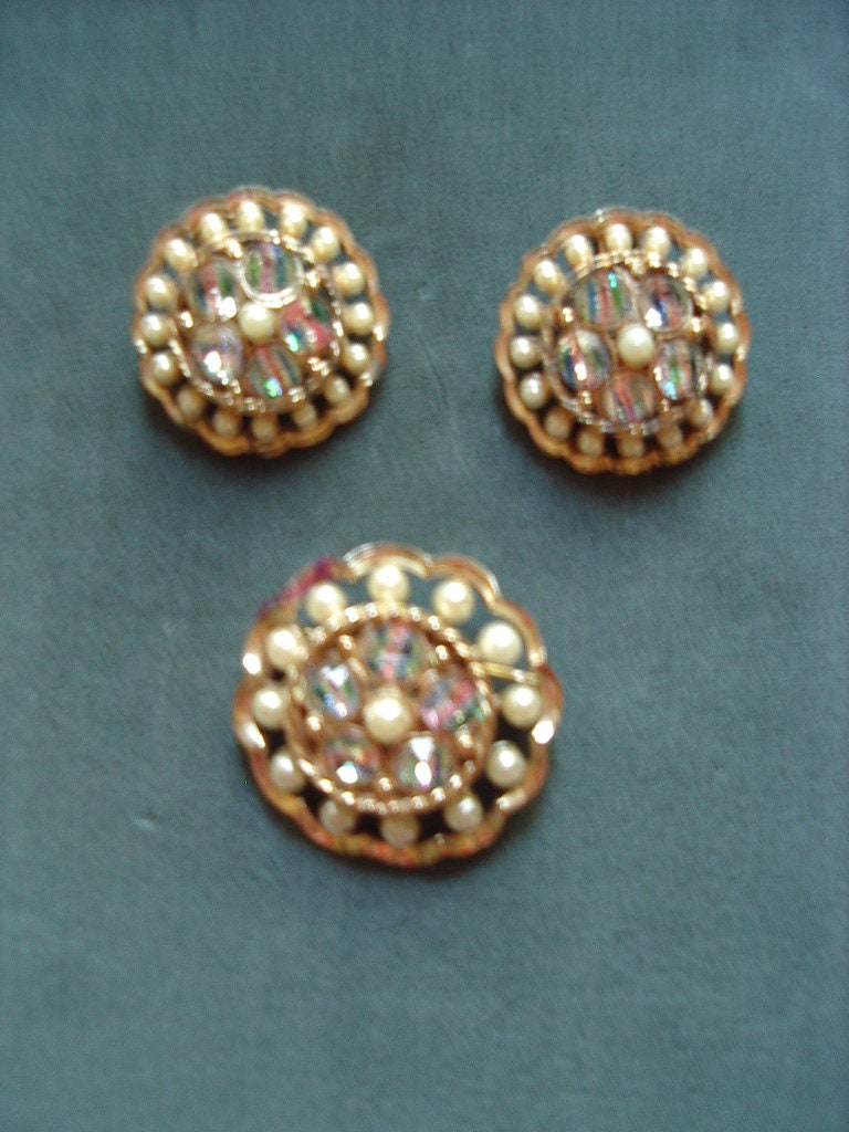 Vintage 1950Er Barclay Signierte Pin/Ohrringe Perle & Ab Strass Gold Setting Item #836 Schmuck von bushnellfashions