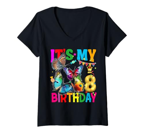 Damen Schmetterling Geburtstag Mädchen 8. Ich bin 8 Jahre Schmetterling Geburtstag T-Shirt mit V-Ausschnitt von butterfly Birthday 8 Its My Birthday butterfly