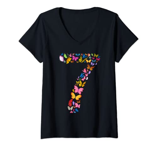 Damen 7. Geburtstag Schmetterlinge 7 Jahre alt Mädchen Schmetterling Liebhaber T-Shirt mit V-Ausschnitt von butterfly love birthday
