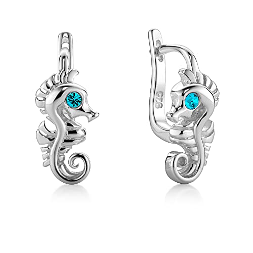 Silberne Kinderohrringe Mit Seepferdchen-Design Und Blauen Kristallen 925 Silber von butterfly