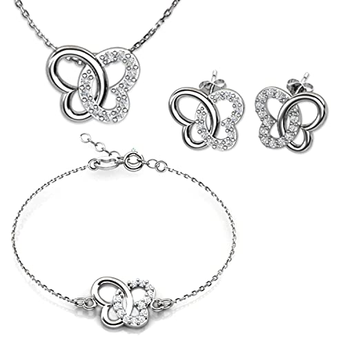 butterfly Mädchen Schmuckset Bestehend aus Kette, Armband und Ohrringen Sterling-Silber 925 Schmetterling-Anhänger Längen-verstellbar Eco-Verpackung Taufe Geschenk von butterfly