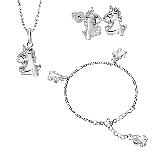 butterfly Mädchen Schmuckset Bestehend aus Kette, Armband und Ohrringen Silber 925 Einhorn Anhänger Klar Längen-verstellbar Geschenkverpackung Taufe Geschenk von butterfly