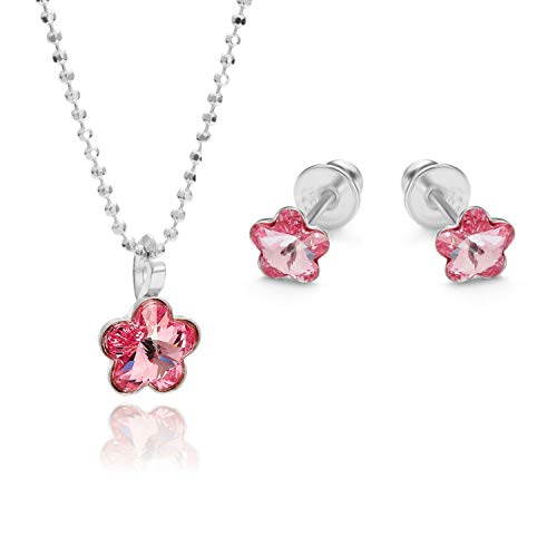 butterfly Mädchen Schmuckset Bestehend aus Kette und Ohrringen Silber 925 Blumer-Anhänger Glücksbringer Rosa Längen-verstellbar Geschenkverpackung Geschenke von butterfly