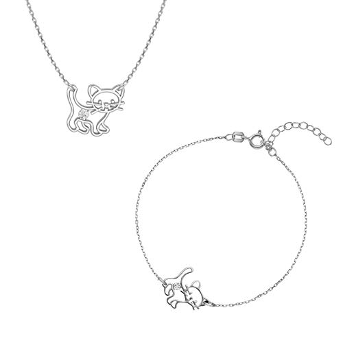 butterfly Mädchen Schmuckset Bestehend aus Kette und Armband. Silber 925 Katzen-Anhänger Glücksbringer Katzenliebhaber Klar Längen-verstellbar Nachhaltige Verpackung Geschenk von butterfly