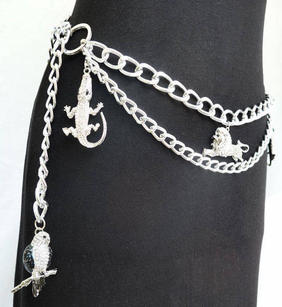 Handgemachte Silber Doppel Swag Hip Kettengürtel Mit Löwe, Zwei Krokodile & Parrott Charms Handgemachte Silber Doppel Swag Hip Kettengürtel Mit Löwe, Zwei Krokodile & Parrott Charms von buydanusha