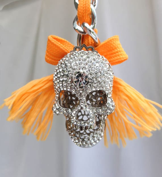 Piraten Bauch Gürtel Silber Hand Gemacht Belli Kette Verwoben & Orange Band Mit Strass Schädel, Pirat, Kroze Und Sternfisch Verziert von buydanusha