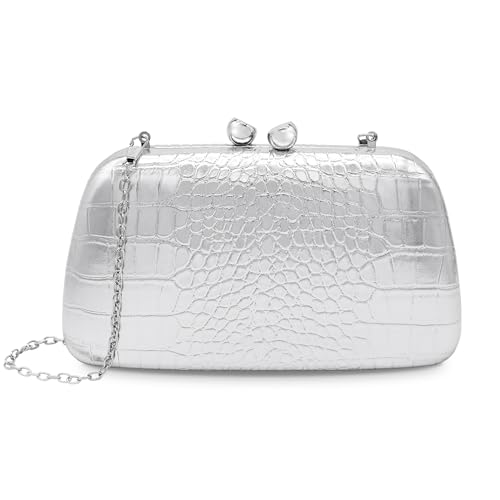 bwszrosa Damen-Clutch, Abendtasche, Umhängetasche aus PU mit Krokodilprägung in Metallic-Optik (Silber) von bwszrosa