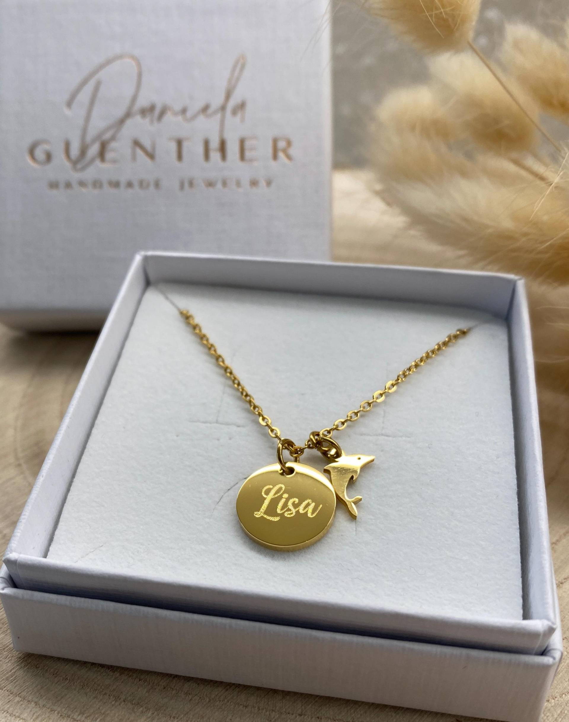 Personalisierte Kette Mit Delfin-Anhänger Gravur Edelstahl 13 Mm Silber, Gold, Roségold Glücksbringer, Lebensfreude & Herzenssymbol von byDanielaGuentherDE