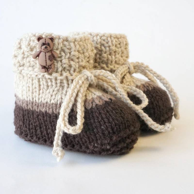 Babyschuhe Strickschuhe Baby Braun Hellbraun Teddy Bär Handgestrickt 3-6 Monate Sohle 10, 5 cm von byEllyshop