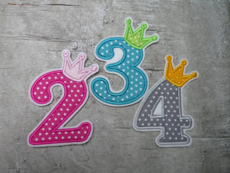 Geburtstagszahl Mit Krone Aufnäher/Applikation Zahl 1-6 Möglich Stoffauswahl 2 Größen von byKikkine