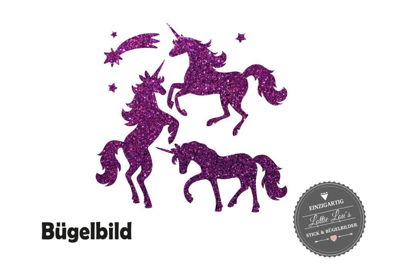 Bügelbild Aufbügler Set Einhorn Unicorn Sternschnuppe Sterne in Flex Flock Glitzer Oder Effekt von byLottieLou